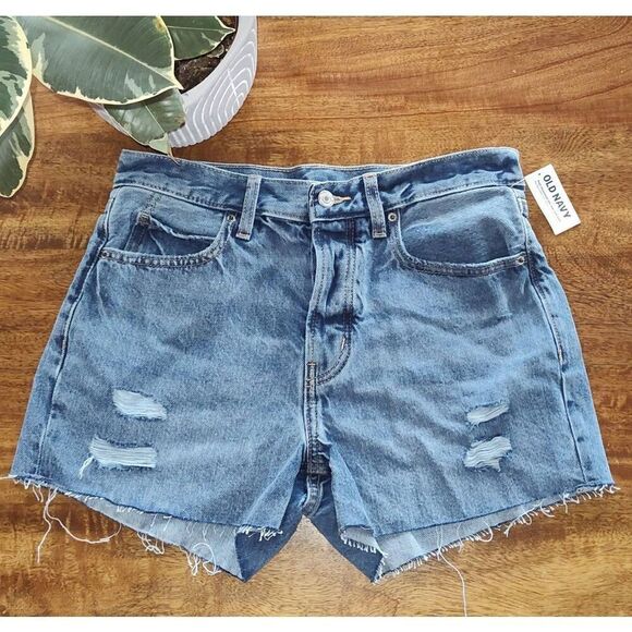 Old Navy Jean Shorts Size 4 High Rise Slouchy Straight Cut-Offs Distressed Butto - Picture 1 of 12